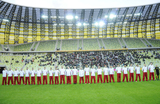 16 Październik 2011; Polska v Ukraina - Międzynarodowy mecz budowniczych infrastrukury do EURO 2012. Na murawie staneły naprzeciw siebie drużyny złożone z przedstawicieli firm budowlanych zaangażowanych w projekty infrastrukturalne związane z EURO 2012. PGE Arena Gdańsk. Fot. Tomasz Żuber / GrFoto.org