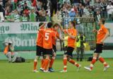 29 Maj 2011; Radość piłkarzy Zagłębia Lublin po strzale Arkadiusza Woźniaka. Trzydziesta kolejka Ekstraklasy 2010/2011 - Lechia Gdańsk v Zagłębie Lublin. Stadion Miejski, Gdańsk. Fot. Tomasz Żuber / GrFoto.org *** Local Caption *** 29 May 2011; Thanks and congratulations from team mates for Arkadiusz Woźniak, Zagłębie Lublin, after he score the goal. Ekstraklasa 2010/2011, Round  30 - Lechia Gdańsk v Zagłębie Lublin. City Stadium of Traugutta, Gdansk. Picture credit: Tomasz Żuber / GrFoto.org